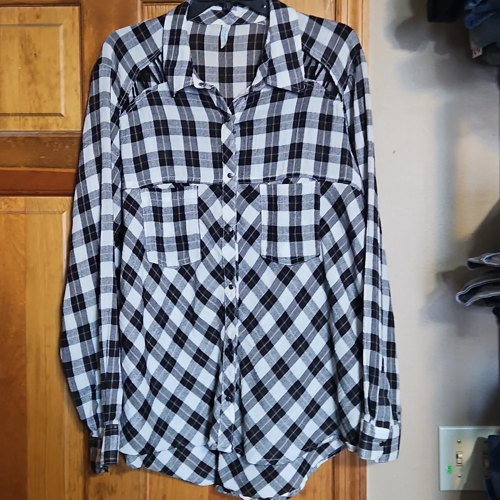 Free People Gauzy Plaid Cutout Shoulder Top